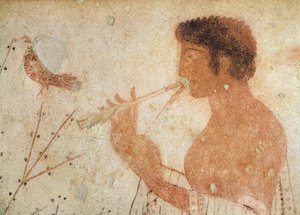 (détail) Musicien jouant de la double flûte, de la tombe du triclinium, vers 470 av. J.-C.